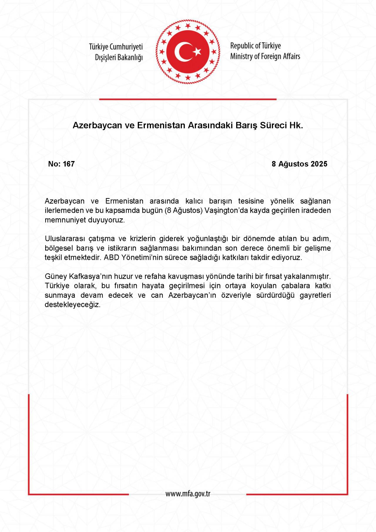 Azerbaycan ile Ermenistan arasında barış anlaşması: Türkiye'den ilk açıklama