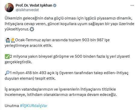 Bakan Işıkhan: Ocak-temmuz arasında 903 bin 987 işe yerleştirmeye aracılık ettik