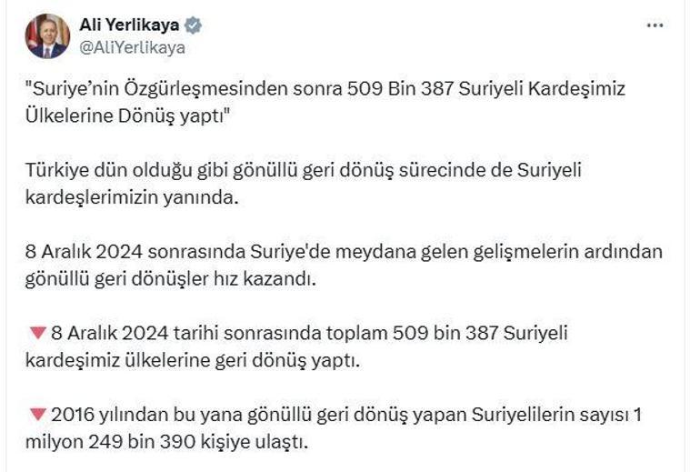 Bakan Yerlikaya: 509 bin 387 Suriyeli kardeşimiz ülkelerine dönüş yaptı